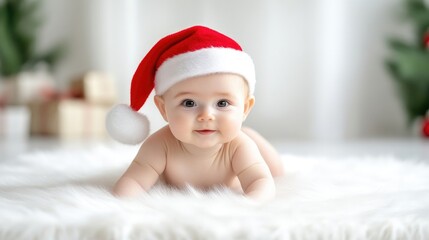 Adorable baby in a Santa hat.  Happy, smiling infant, lying on a soft white fur blanket. Festive Christmas scene