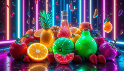 Vibrant neon fruits and drinks display with colorful lighting and reflections on a shiny surface
