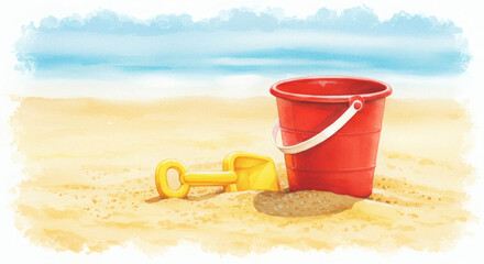 Red Bucket and Yellow Shovel on Sandy Beach  