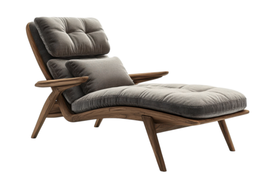 Elegant Mid Century Modern chaise lounge with plush gray and white patterned upholstery sleek dark wood frame isolated on black on transparent background