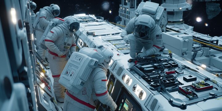 Astronauts conducting repairs on a spacecraft in space. Outer space exploration requires precision and technical skill.