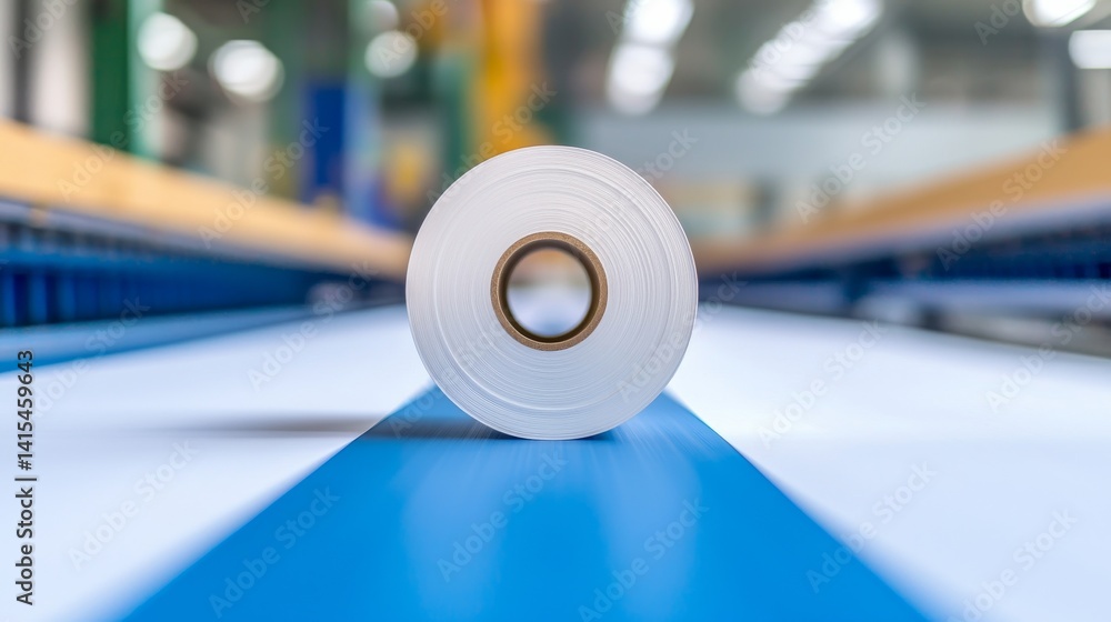 Poster Automated Paper Cutting Process in a Factory with a Close-Up of a Roll of Paper on a Conveyor Belt