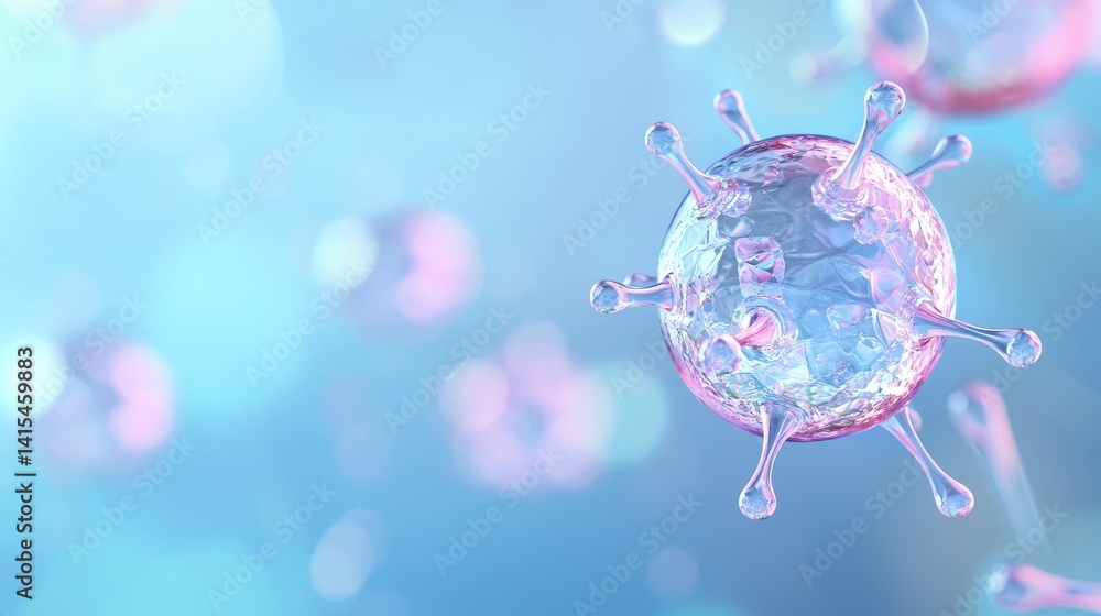 Poster close up of a colorful virus structure with delicate details and soft focus background