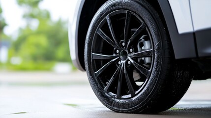 Close-Up of a Black Car Tire Being Applied Tire Shine with Water Droplets Outdoors