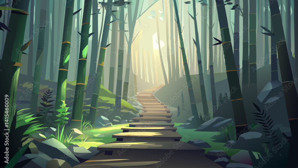 Poster a path through a forest with a stone wall on the side. the path is lined with trees and rocks