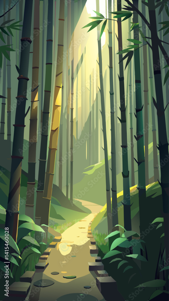 Poster a path through a forest with a stone wall on the side. the path is lined with trees and rocks