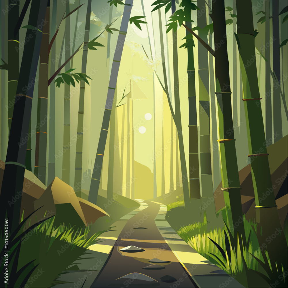 Poster a path through a forest with a stone wall on the side. the path is lined with trees and rocks