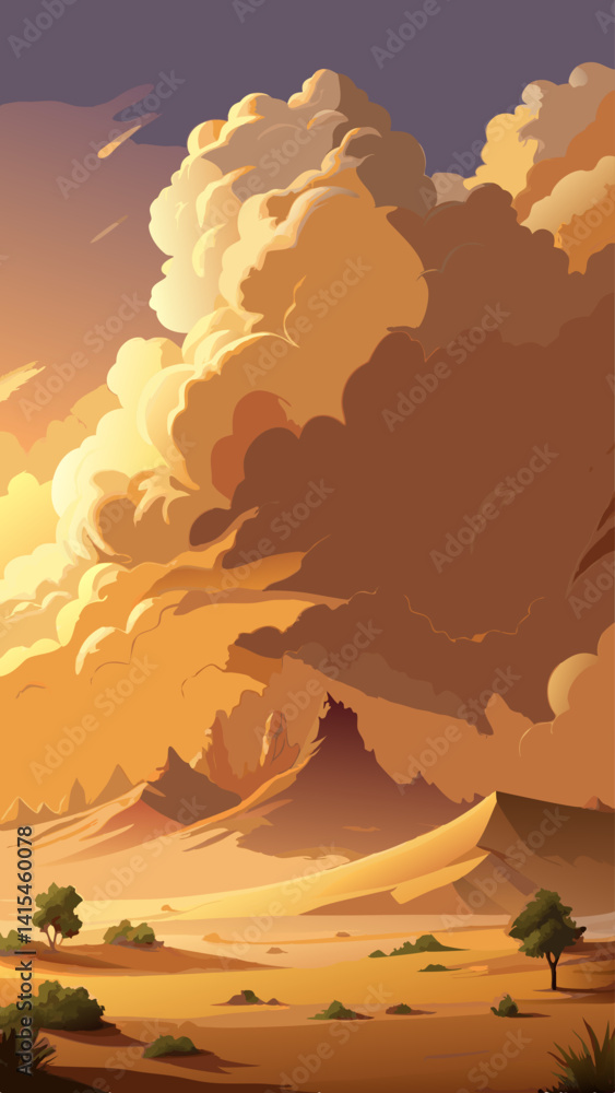 Poster a desert scene with a large mountain in the background. the sky is cloudy and the sun is setting