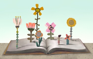 Book, education and imagination concept art. kids dreams illustration