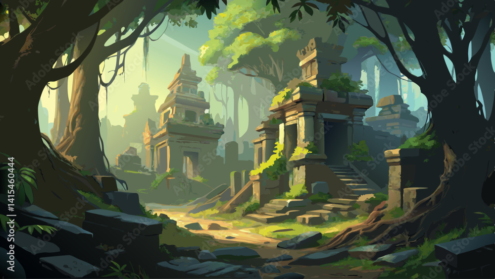 Poster a serene and peaceful jungle scene with a stone building in the background. the lush green trees and