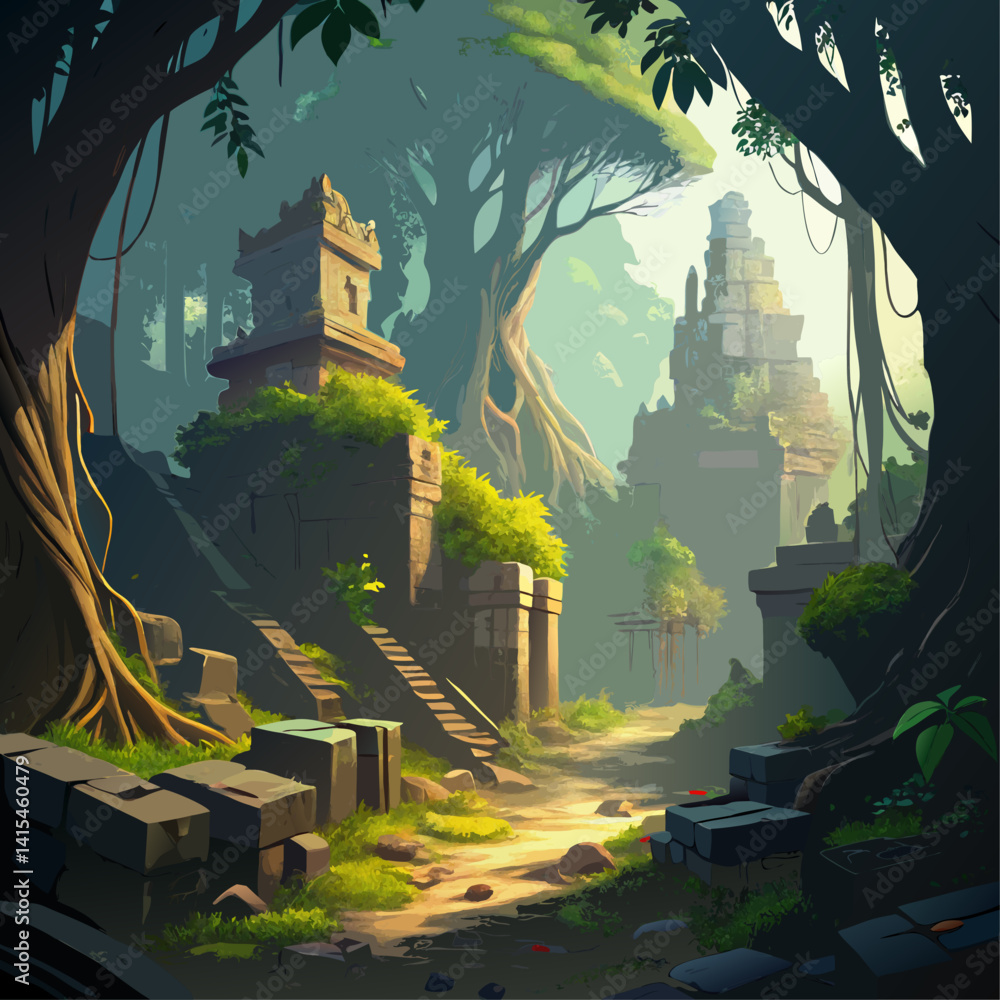 Poster a serene and peaceful jungle scene with a stone building in the background. the lush green trees and