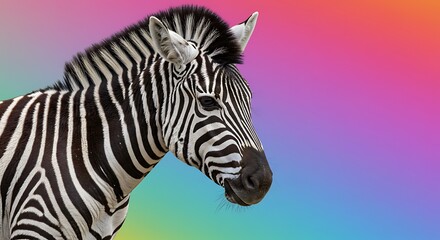 Fototapeta premium Close Up Portrait of a Zebra Against a Vibrant Rainbow Gradient Background