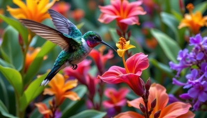 A vibrant multicolored hummingbird with shimmering green, blue, and purple feathers gracefully hovers over a vibrant tropical flower, sipping nectar with its long