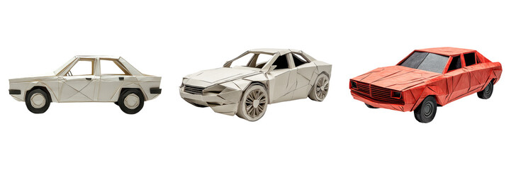Low-poly origami cars in multiple colors isolated on transparent PNG image perfect for automotive concept design