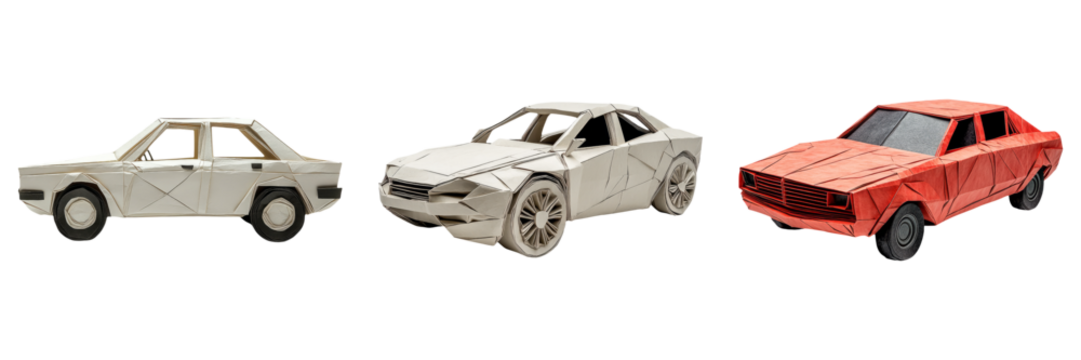 Low-poly origami cars in multiple colors isolated on transparent PNG image perfect for automotive concept design