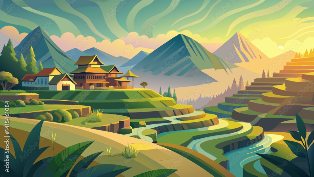 Poster a mountain range with a house in the foreground. the house is surrounded by trees and the mountains 