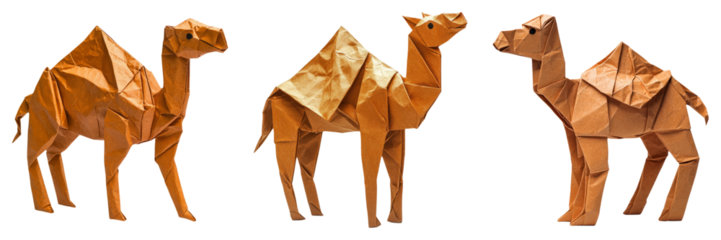 Origami camel models in desert hues isolated on transparent PNG image perfect for cultural or desert-themed visuals