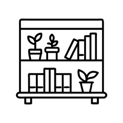 Outline bookshelf with plants and books vector illustration home decor furniture design icon art