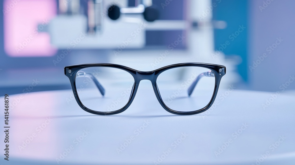 Poster elegant pair of eyeglasses displayed on a white surface in a modern optical lab setting