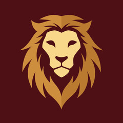 Fototapeta premium Elegant golden lion head logo design on rich maroon background graphic
