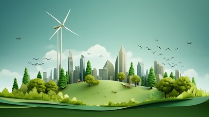 Eco Friendly Urban Cityscape with Renewable Wind Turbines and Green Landscapes