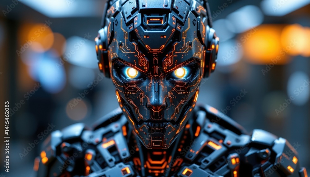 Poster a sleek and futuristic robot with glowing eyes and intricate circuitry patterns etched all over its 