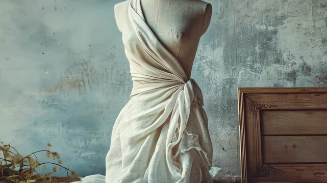 White silk dress delicately draping over mannequin, revealing intricate craftsmanship within vintage fashion atelier, highlighting meticulous design process of creating haute couture garment