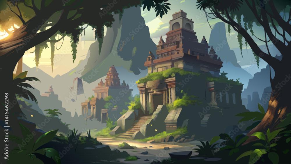 Poster a lush green forest with a large building in the middle. the building has a lot of trees growing out