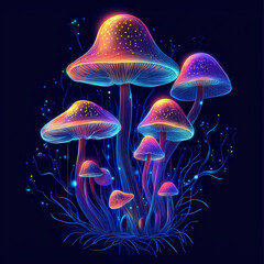 Magical neon mysterious mushrooms. Growing microorganisms. Generative AI illustration. Fancy design for banner, poster, postcard, cover, brochure or presentation.