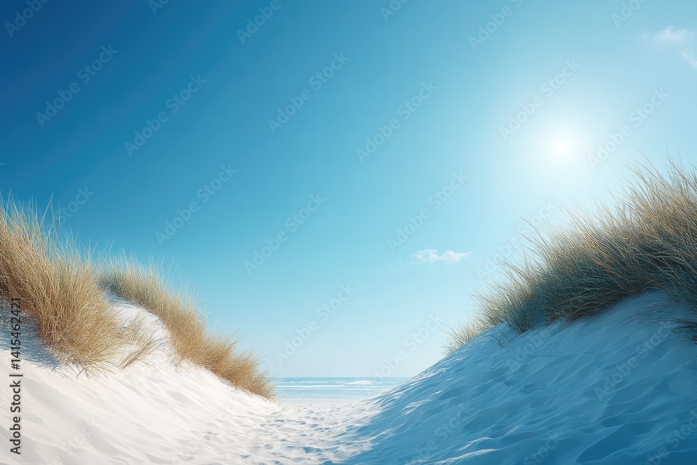 Poster sunlit beach view with minimalistic elements emphasizing sand dunes and clear blue sky showcasing st