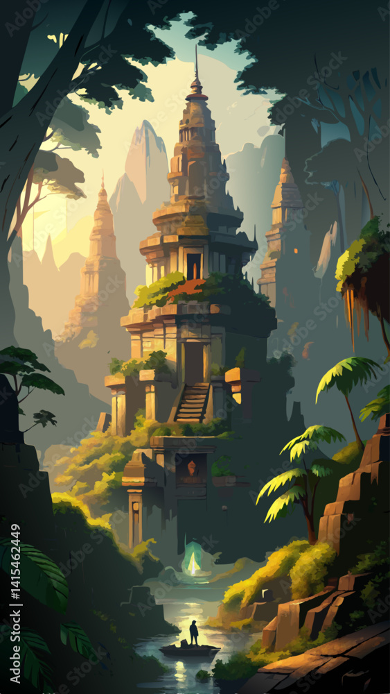 Poster a lush green forest with a large building in the middle. the building has a lot of trees growing out