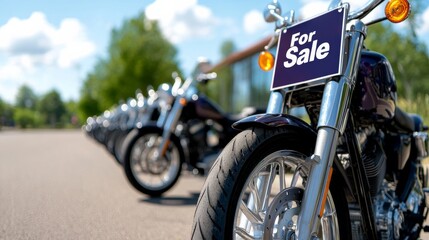 Group of Motorcycles Lined Up for Sale on a Sunny Day with Trees in Background