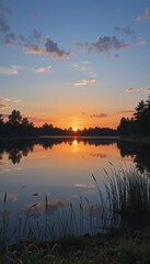 Fototapeta premium Serene sunset over calm reflective lake in countryside with soft warm light and peaceful atmosphere Generative AI