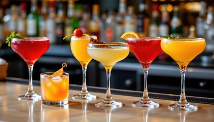 A vibrant array of cocktails in various hues, ranging from deep red to bright yellow, with assorted garnishes adorning the elegant glassware