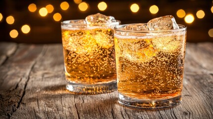 Two bubbly drinks with ice cubes, wooden surface, warm glowing background