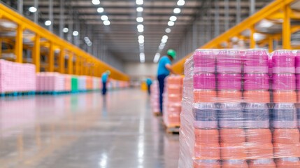 Fototapeta premium Large Warehouse Interior With Neatly Stacked Colorful Palettes Ready For Distribution