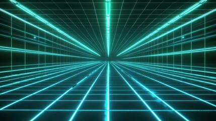 Futuristic Neon Grid: A Cyberpunk Landscape in Turquoise and Black