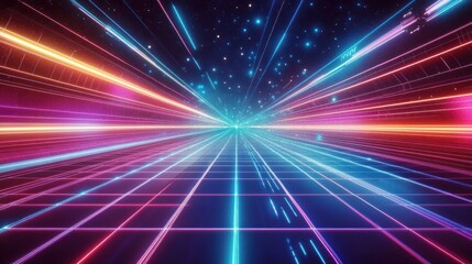 Retro Futuristic Cyberpunk Landscape with Glowing Neon Grid and Starfield