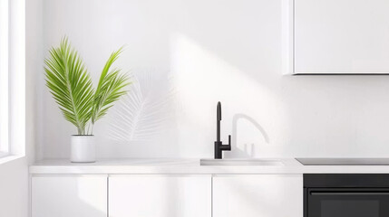 Fototapeta premium Modern Kitchen with Sleek White Cabinets and Vibrant Green Plant in Airy Space
