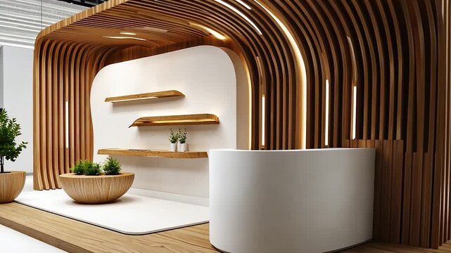 Modern exhibition booth with curved wooden design, minimalistic decor, and potted plants