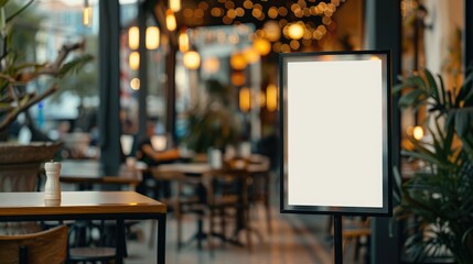 Cozy outdoor cafe setting with empty tables and chairs, illuminated by warm lights, inviting atmosphere for relaxation