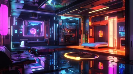 Obraz premium Cyberpunk Dreamscape: A futuristic interior bathed in neon lights and reflections