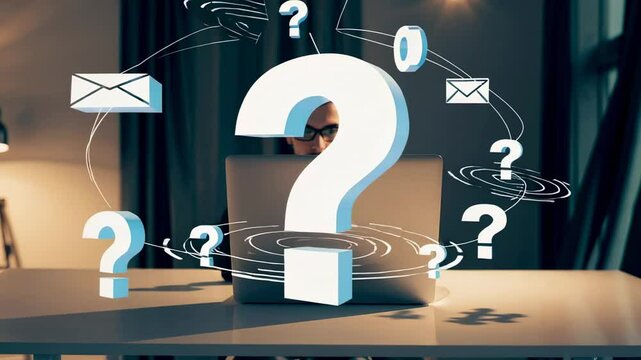 Office worker using laptop with question marks, email icons, and numbers floating around, symbolizing problem solving, decision making, and seeking information
