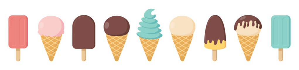 Set of tasty ice creams. Collection different ice-cream cones and popsicle isolated on white background. Sweet summer delicacy. Vector illustration