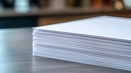 Stack of Clean White Paper Sheets on a Wooden Table in Bright Workspace