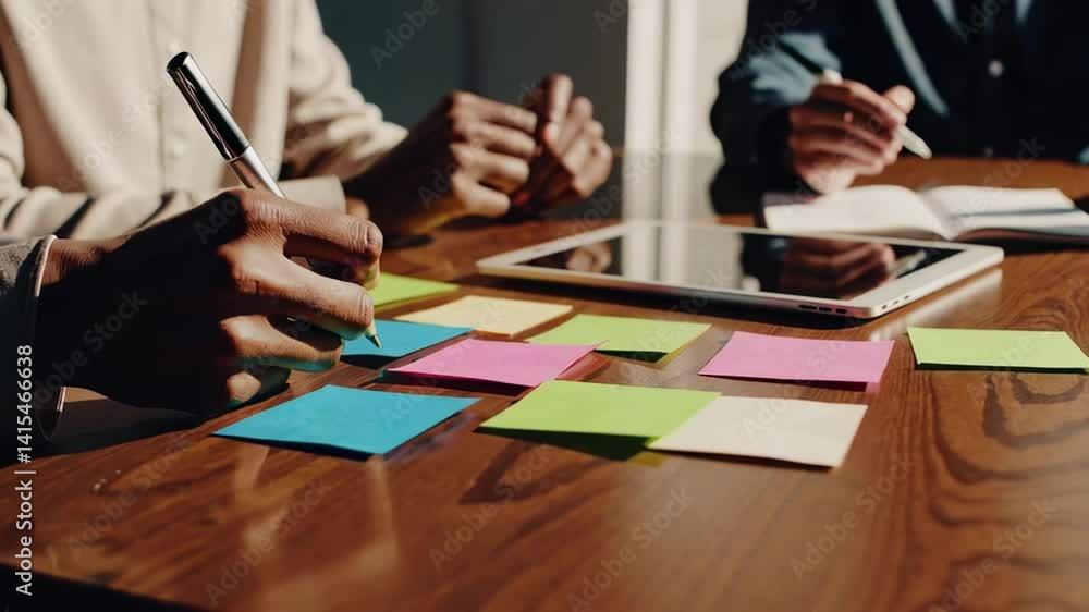Poster Professional team collaborating around wooden table, using colorful sticky notes and digital tablet while strategizing innovative business solutions during dynamic brainstorming session