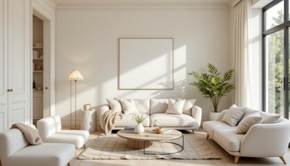 The light living room features a cozy ambiance with a neutral color scheme, soft textures, and minimalist furniture