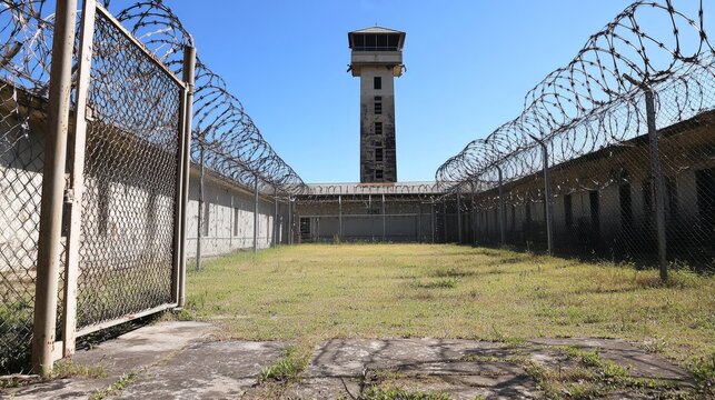 In the heart of a deserted prison yard, a tall watchtower stands sentinel, surrounded by barbed wire fencing, casting shadows on the sunlit grass