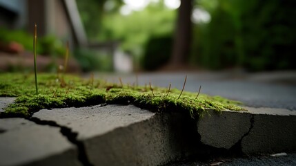Moss-covered cracks in a sidewalk reveal nature's resilience.