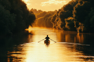 Person paddling a canoe on a serene river surrounded by lush green trees and clear blue sky.